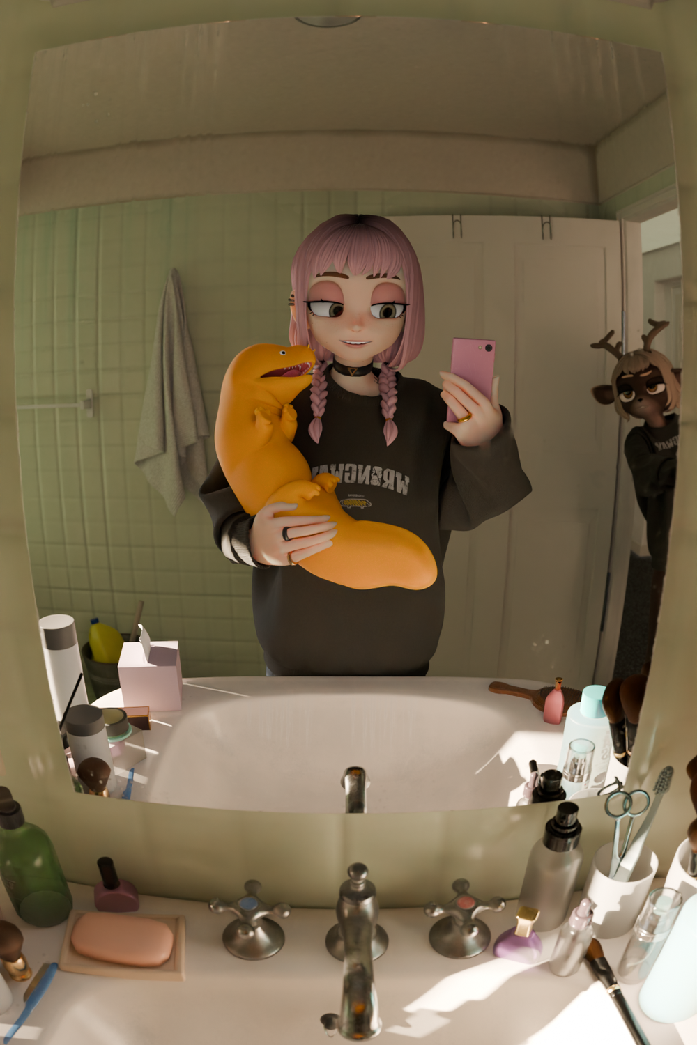 Betty, Seeka and Utsuboinu take a mirror selfie, wearing the WRONGWAY sweatshirt.